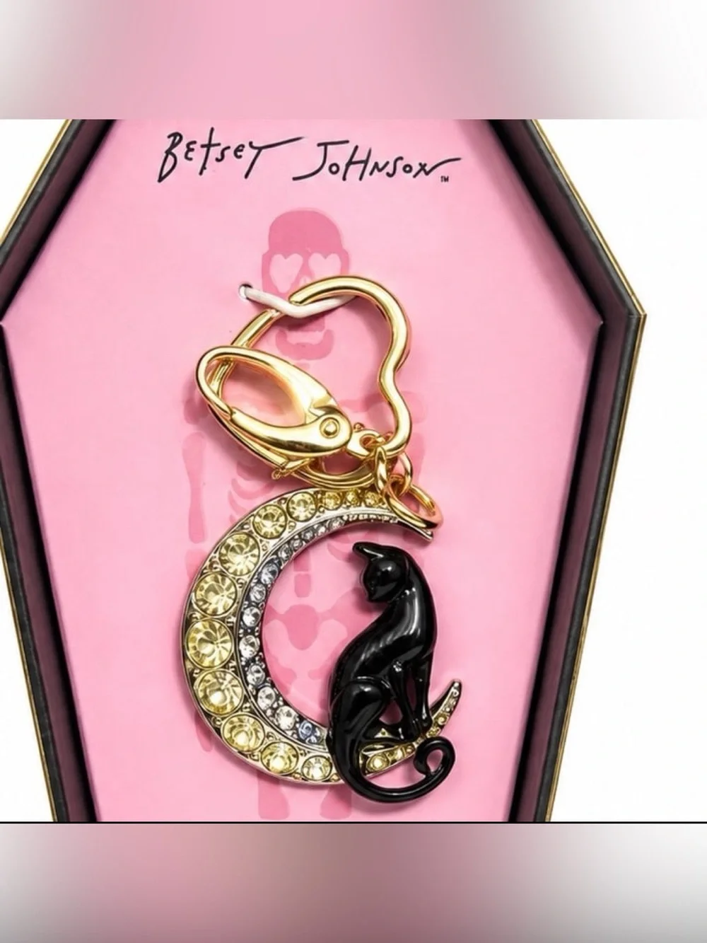 Betsey Johnson Halloween Moon & Black Cat Jewelry Bag Charm Keychain New In Box